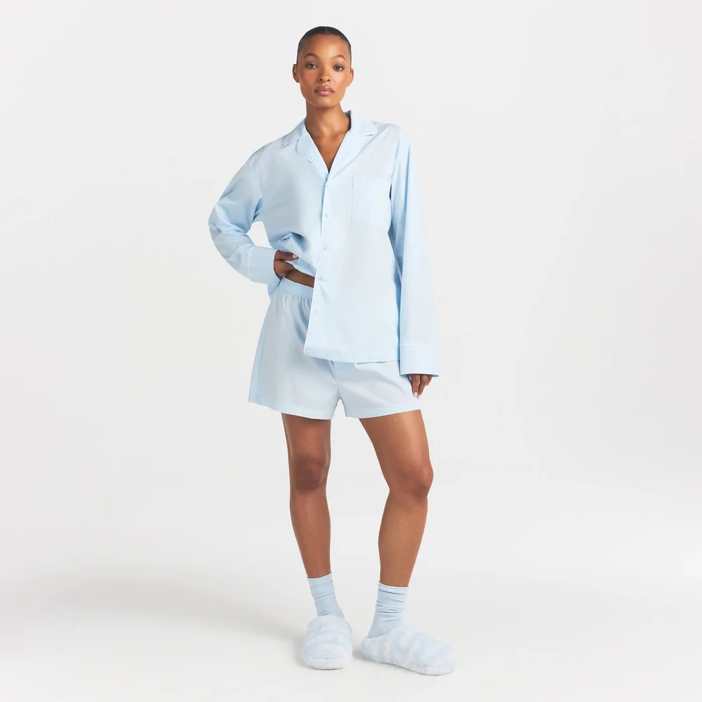 Cotton Poplin Sleep Long Sleeve And Boxer Set in Baby Blue Contrast