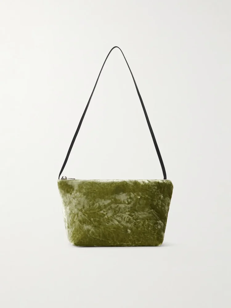 Corset leather-trimmed crushed-velvet shoulder bag