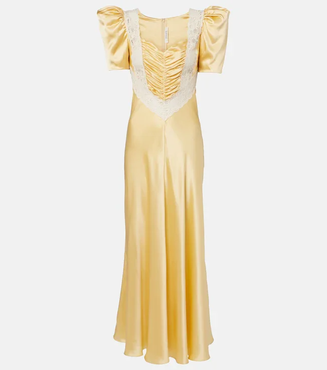 Lace-trimmed ruched silk satin maxi dress