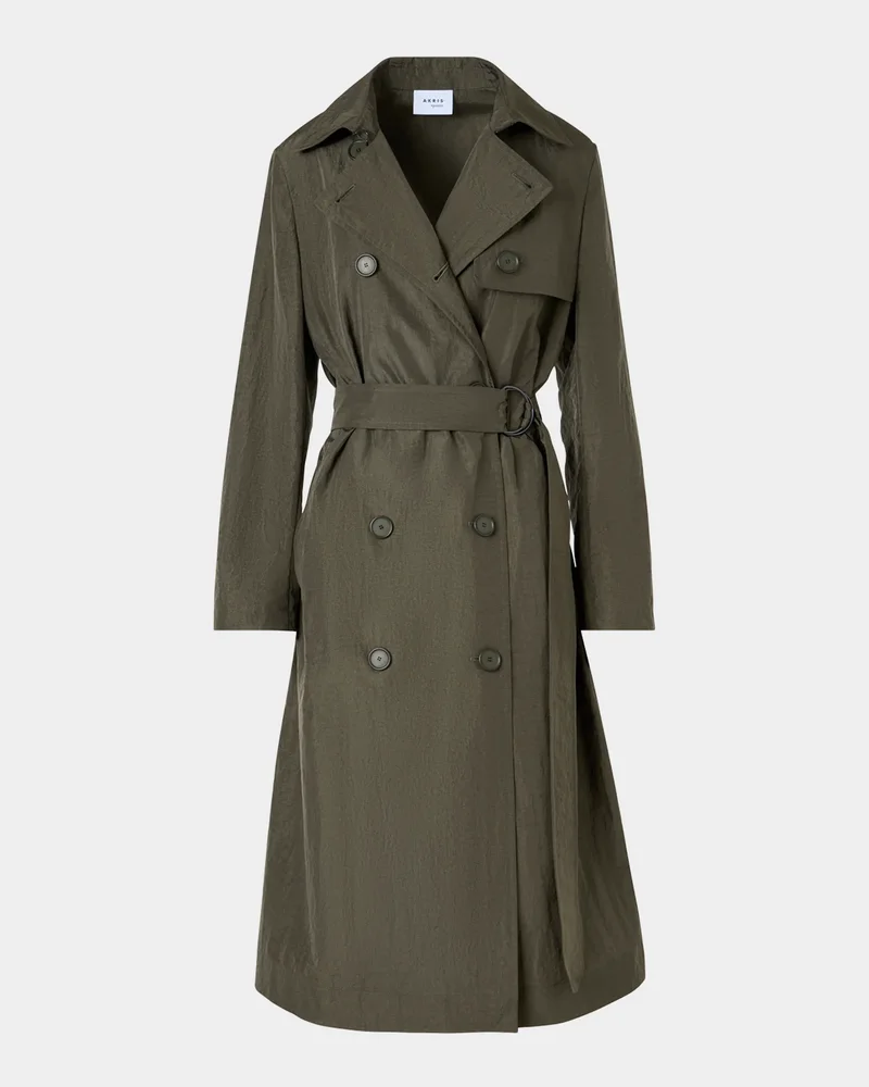 Double-Breasted Crinkled Parachute Taffeta Belted Trench Coat