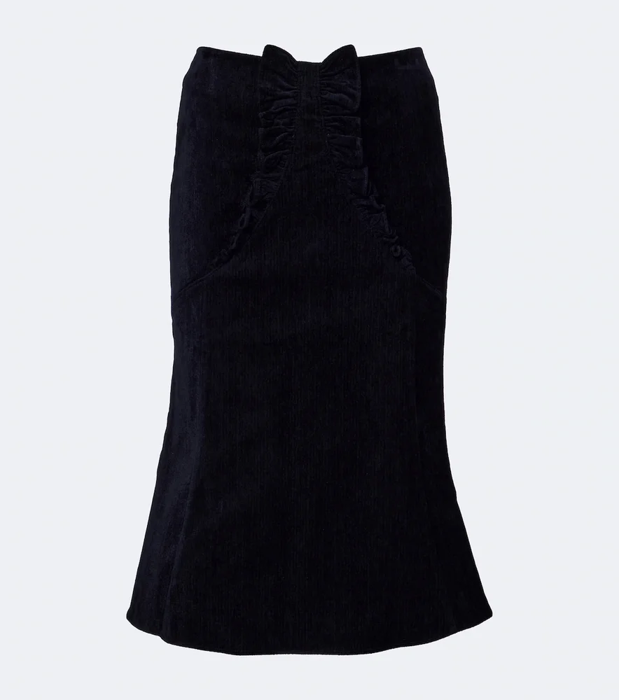 Bow-detail ruffled velvet midi skirt