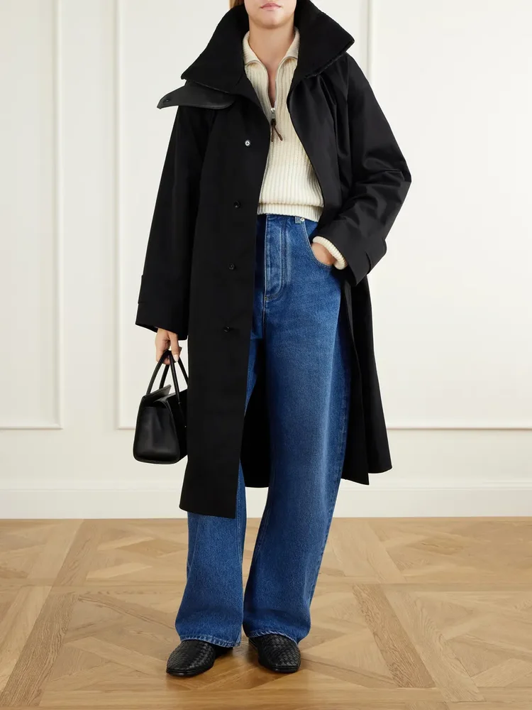 Belted Intrecciato leather-trimmed cotton-gabardine coat