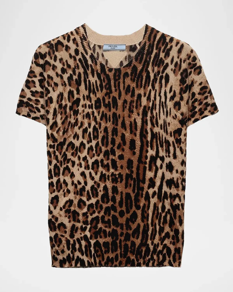 Short-Sleeved Leopard-Print Cashmere Sweater