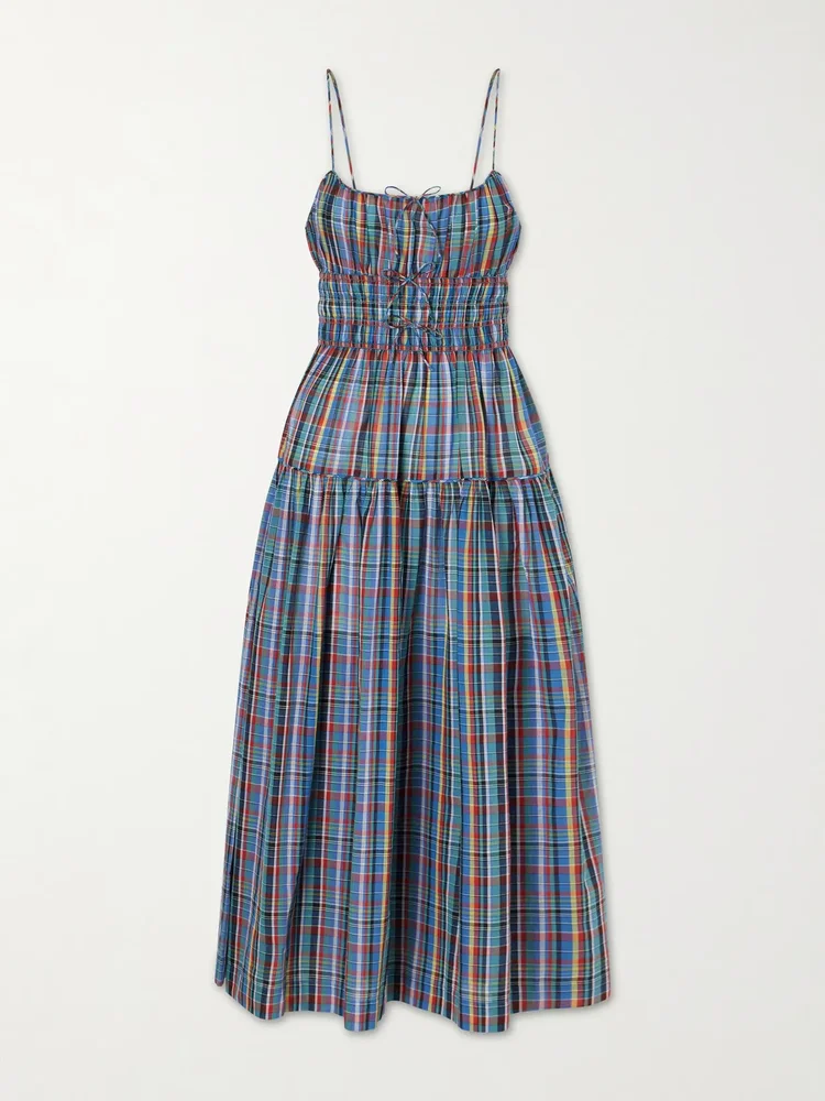 Brielle gathered checked organic cotton midi dress