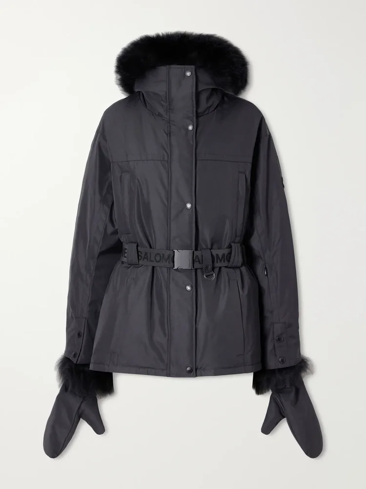 Belted hooded shearling-trimmed shell ski jacket
