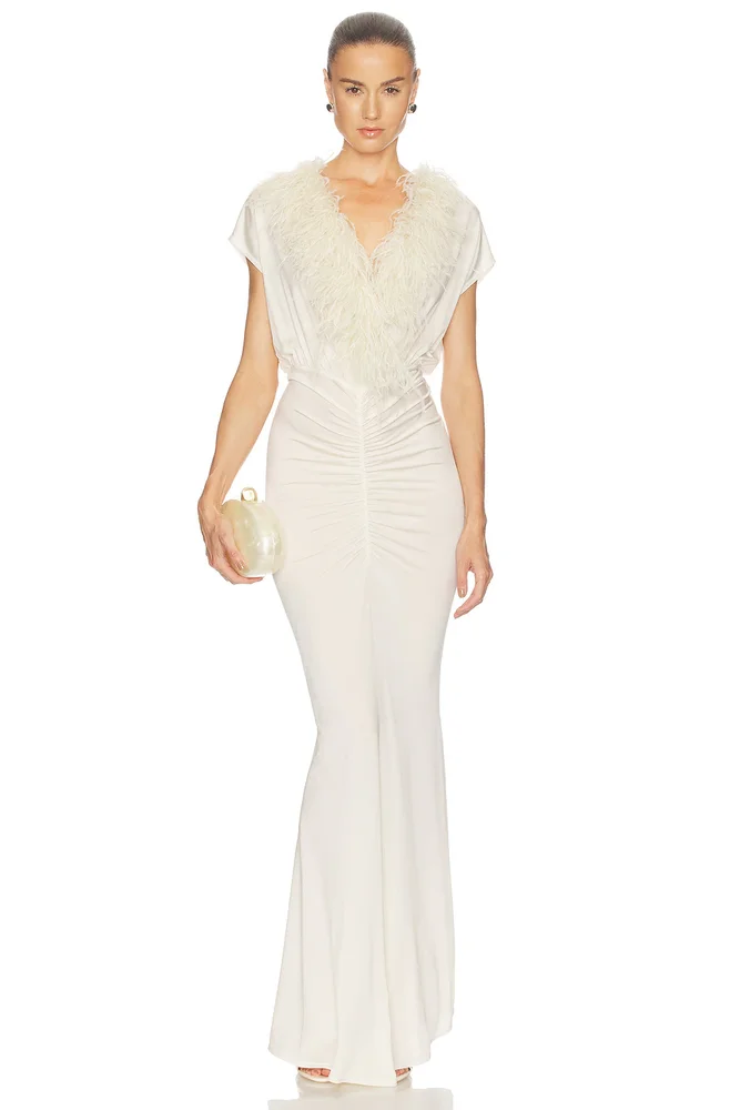 V Neck Shirred Gown With Feathers