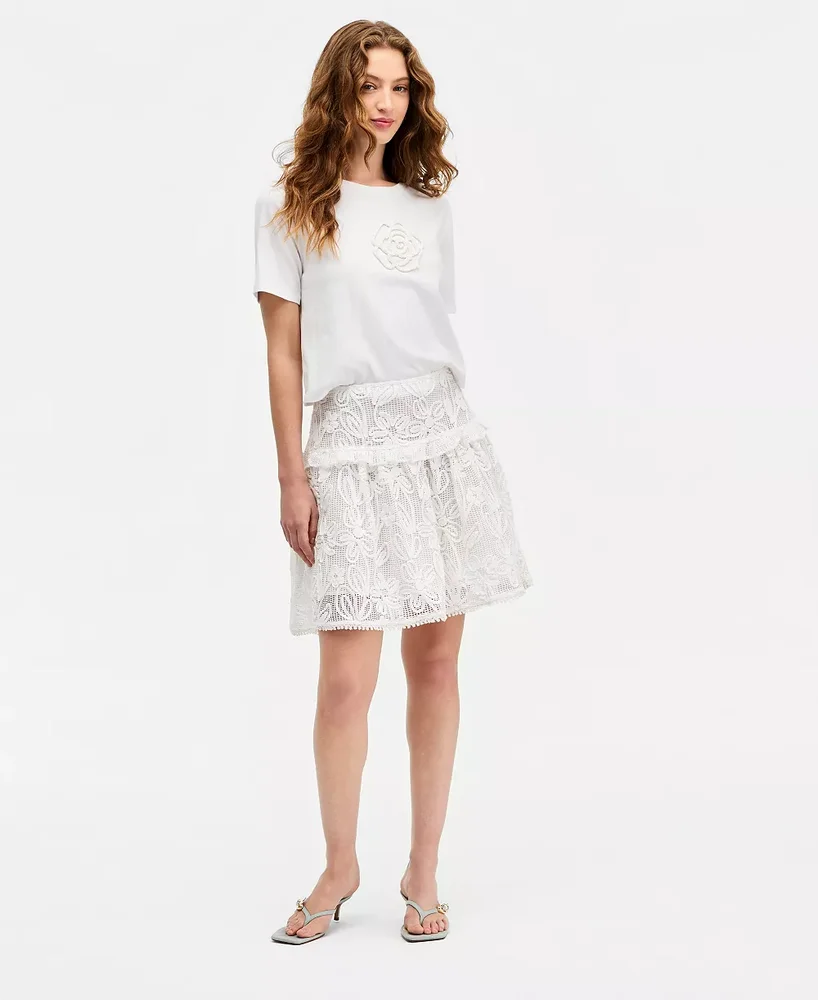 Crochet Drop-Waist Mini Skirt in Winter Ivory
