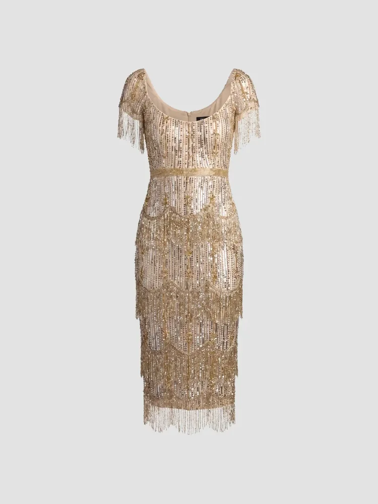 Fringed Beaded Sheath Midi Dress