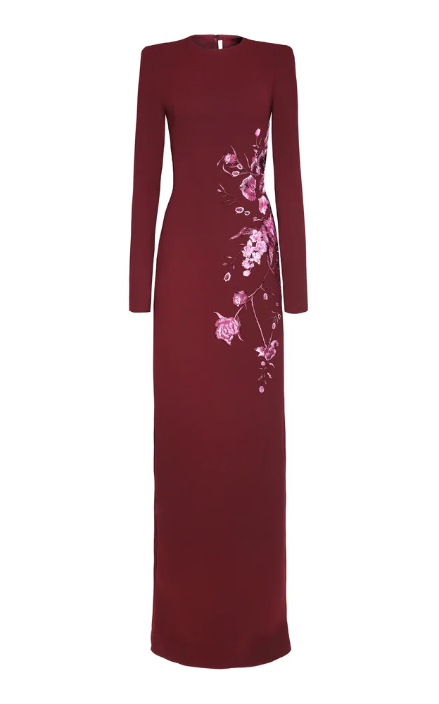 Crepe Floral Applique Long Sleeve Column Dress