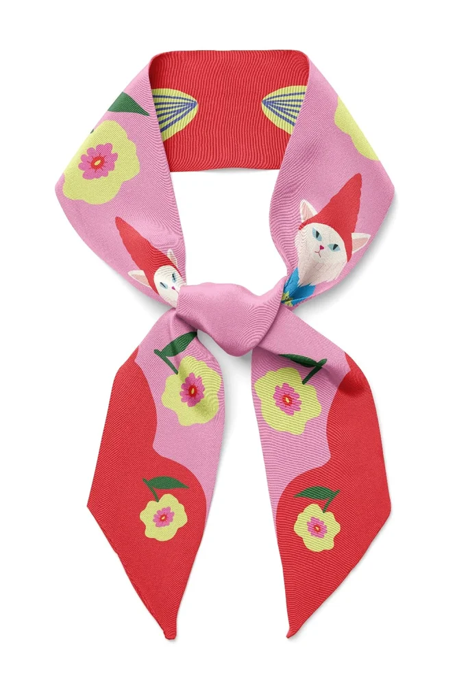 Cat Garden Gnome Twilly Ribbon Scarf