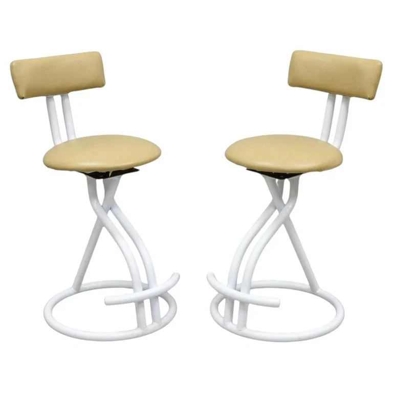 Vintage Postmodern Memphis Style White Tubular Metal Swivel Bar Stools - a Pair