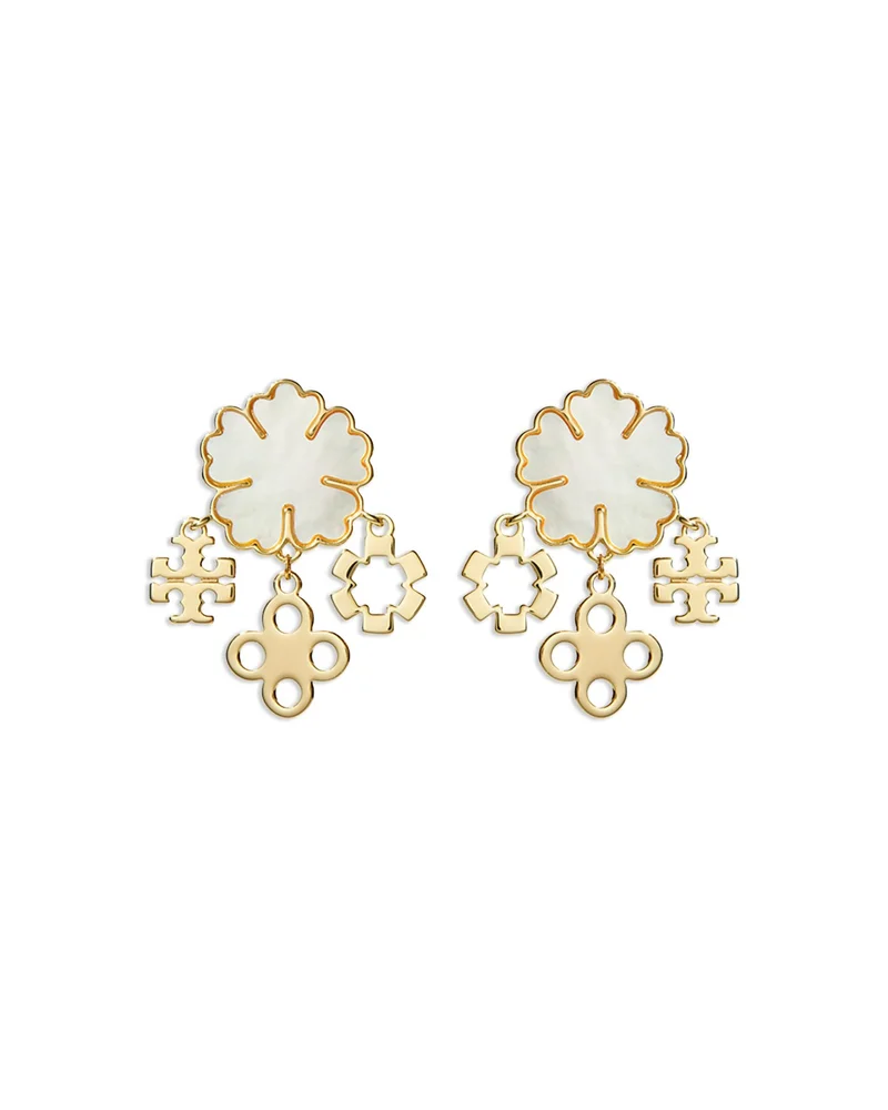 Mother Of Pearl Clover Cluster Drop Earrings in Gold Tone