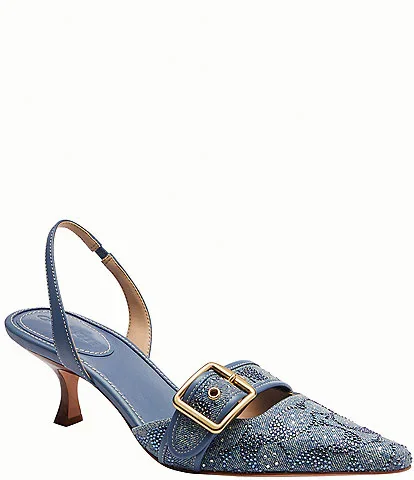 Limited Edition Margot Crystal Signature Denim Kitten Heel Slingback Pumps
