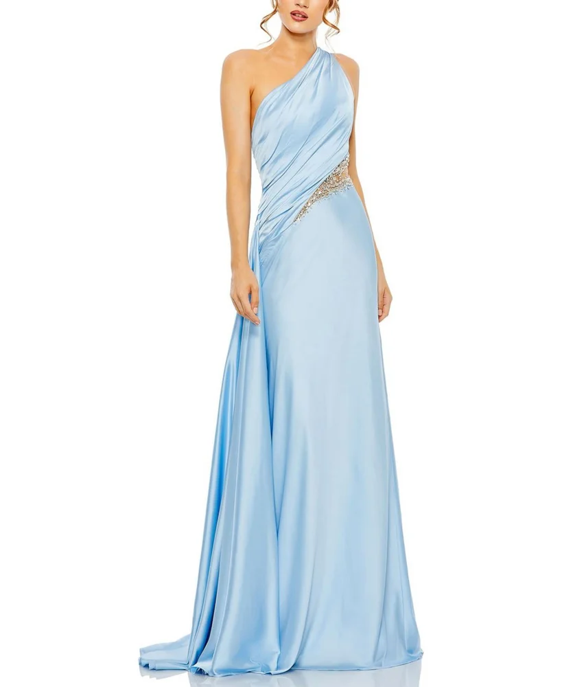 One Shoulder Charmeuse Gown with Beaded Cutout