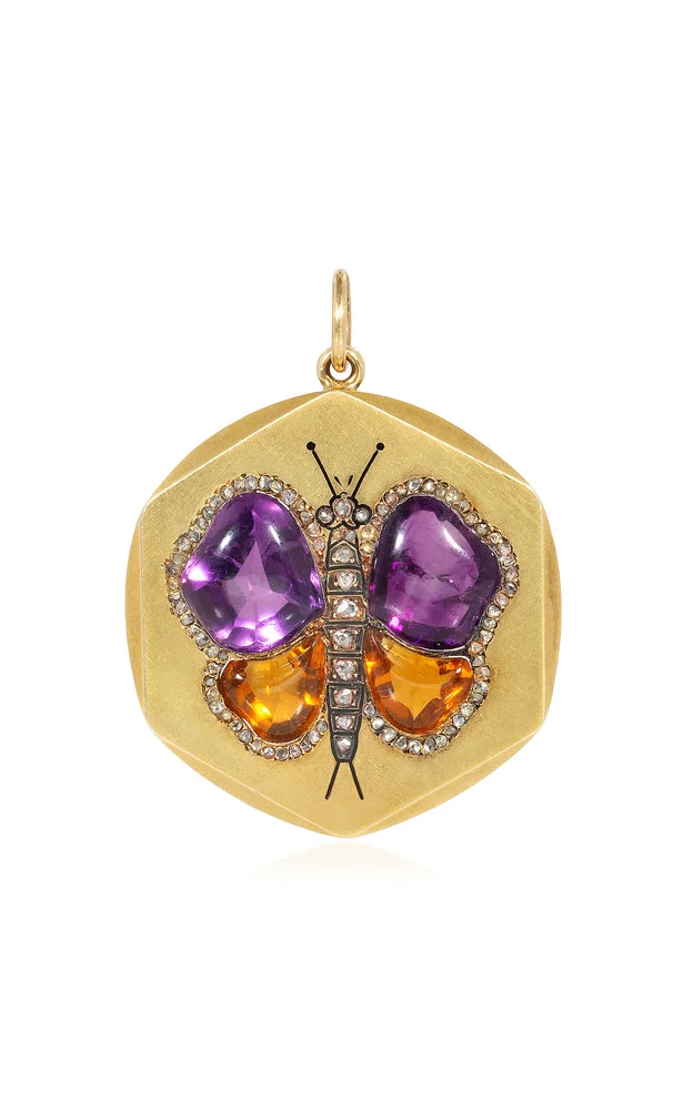 Art Nouveau 18K Yellow Gold Amethyst, Citrine, And Diamond Butterfly Pendant