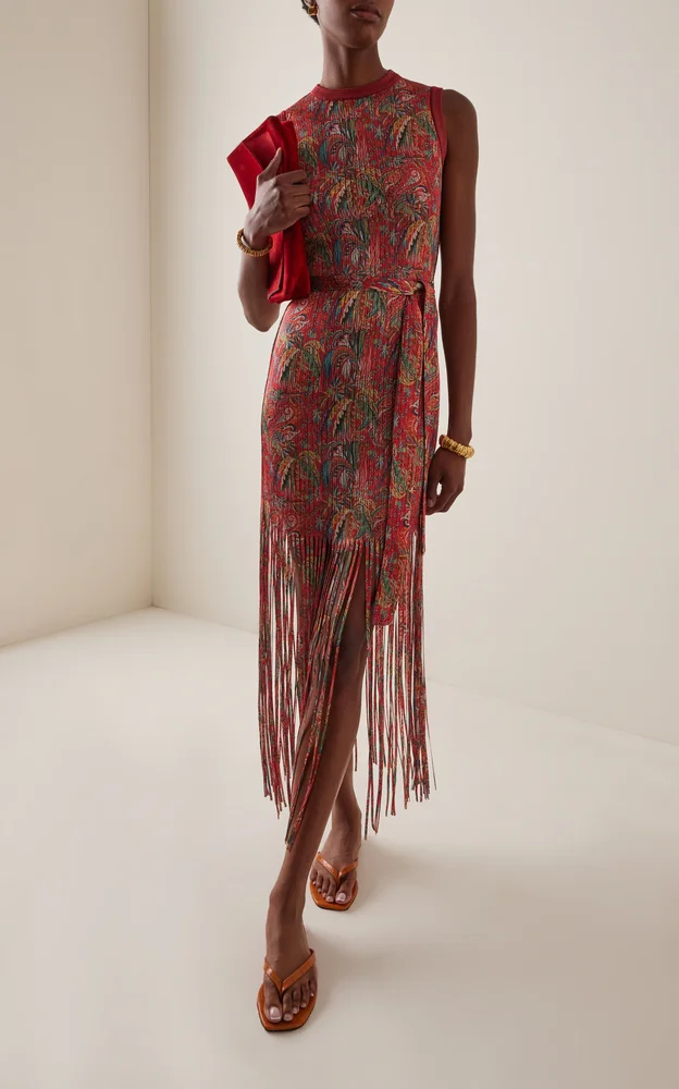 Fringed Paisley Knit Maxi Dress