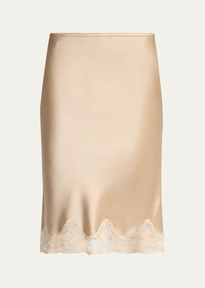 Lace-Trim Satin Knee-Length Skirt