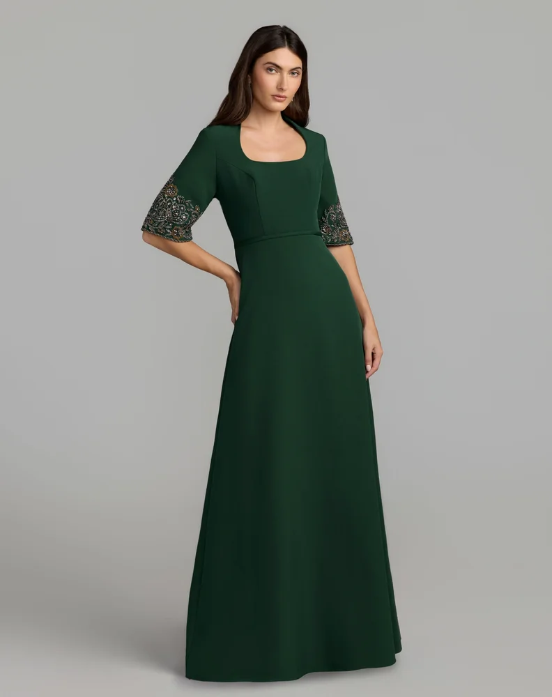 Scoop Neck Beaded Cuff Crepe Gown