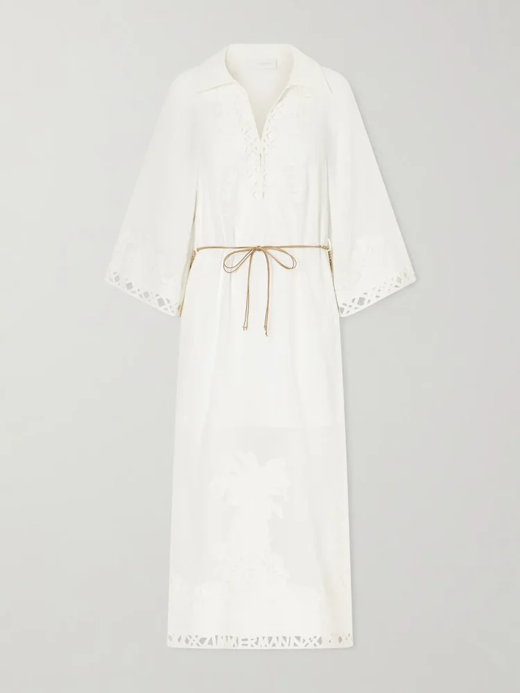 indra embroidered belted ramie maxi dress