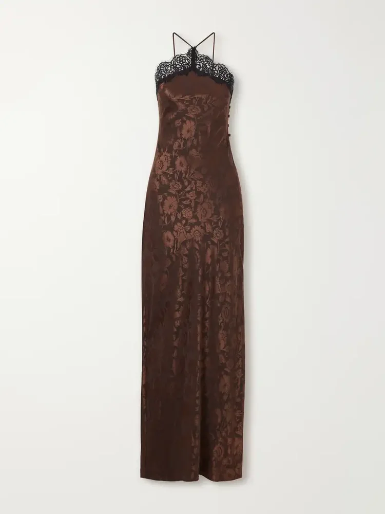 Rue lace-trimmed floral-jacquard silk-blend satin gown