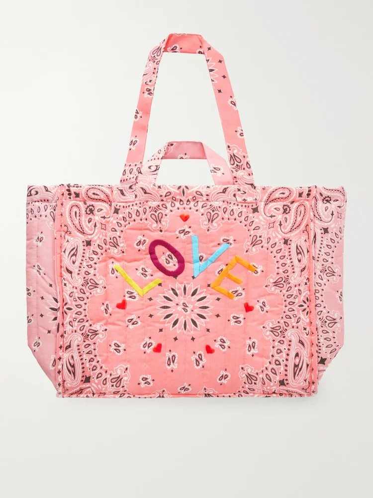 Cabas maxi embroidered quilted printed cotton tote bag