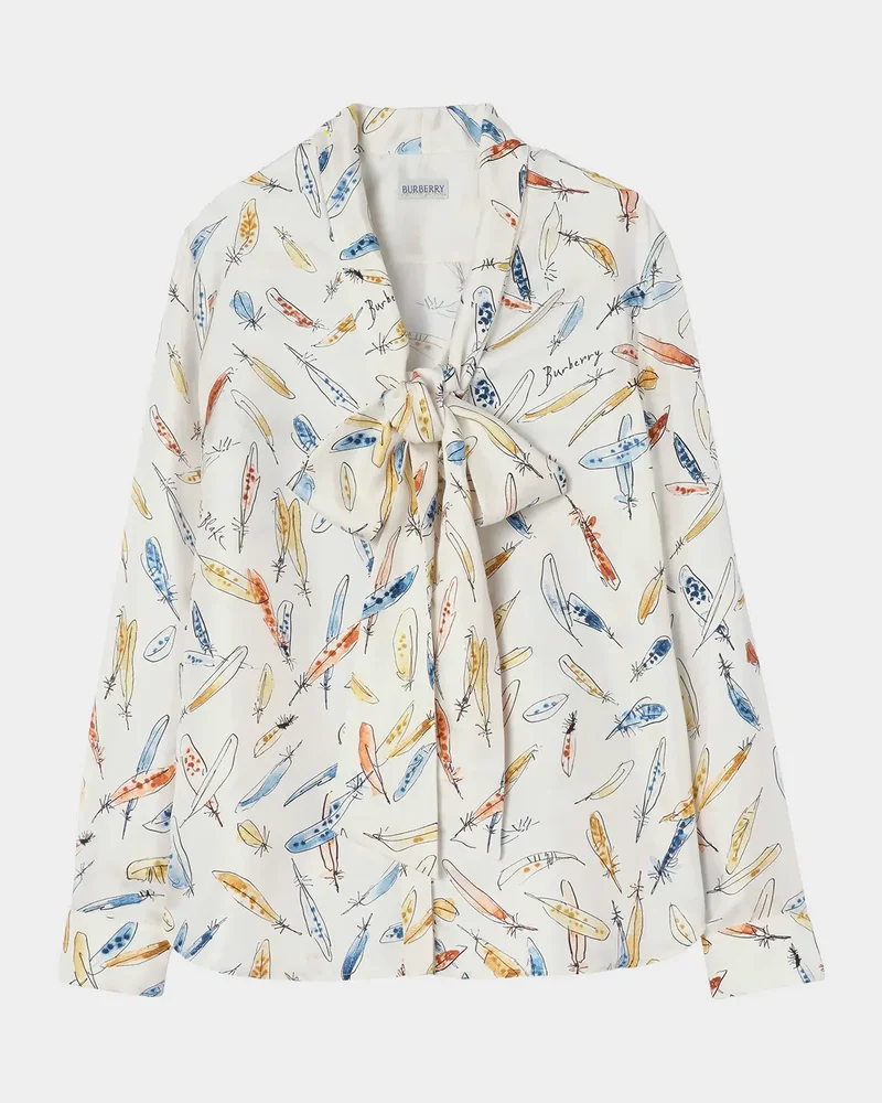 Rhiannon Feather-Print Silk Neck-Scarf Blouse