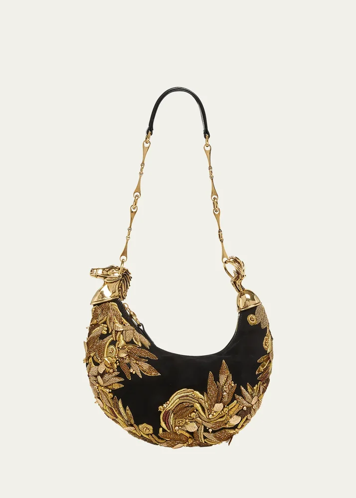 Chain Horse Bead-Embroidered Shoulder Bag in Suede