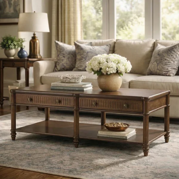 Hoai Derk Transitional 47"W Spindle Fluted Rectangular Storage Coffee Table with Solid Wood Drawers