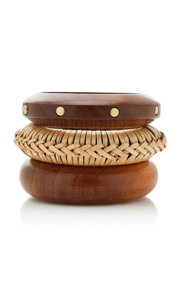 Exclusive La Isla Set-of-Three Wood, Straw Bangles