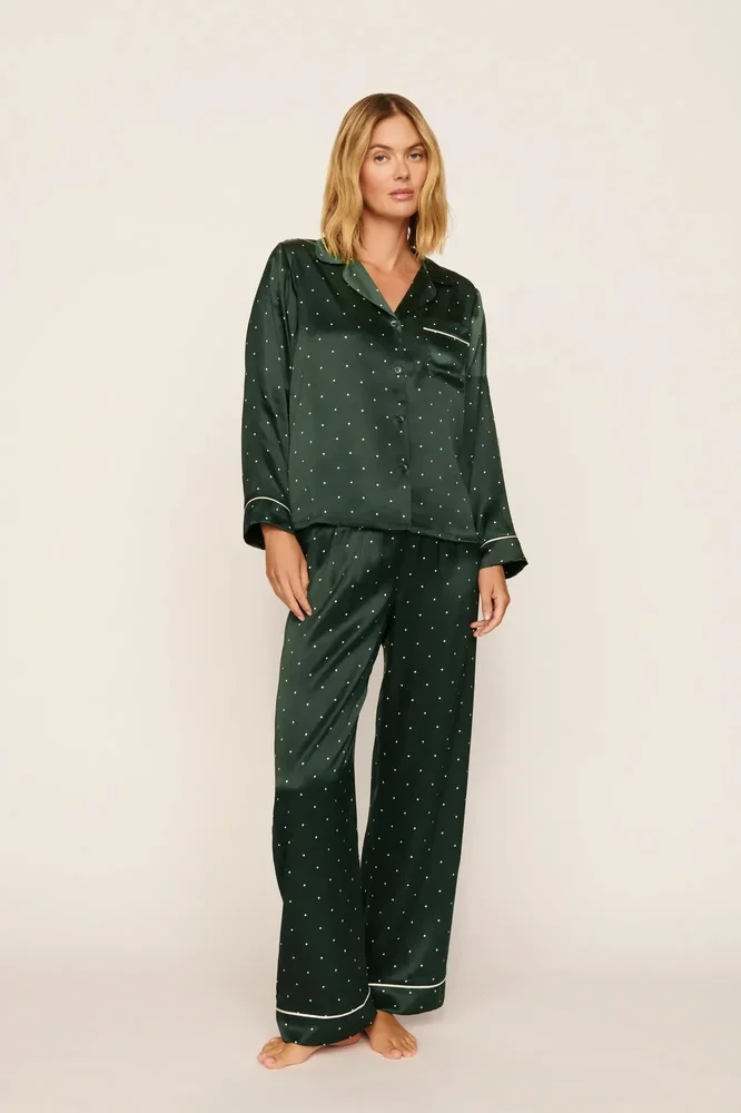 Inez Washable Silk Printed Long PJ Set, Dot Pine/Ivory