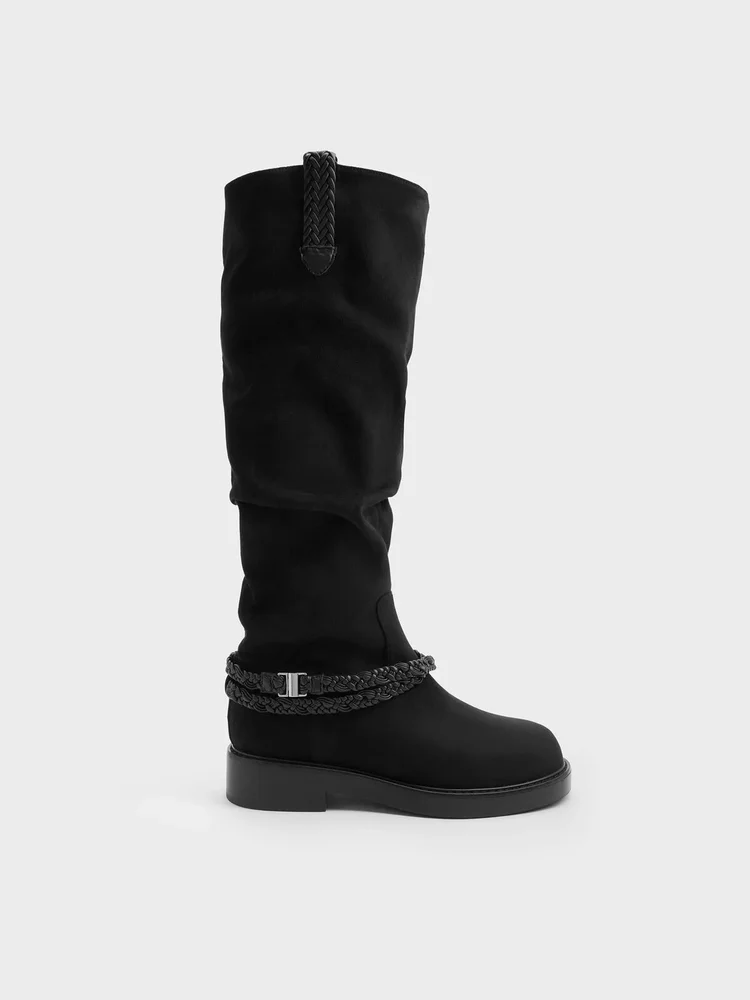 Franca Faux Suede Braided-Strap Knee-High Boots, Black Textured