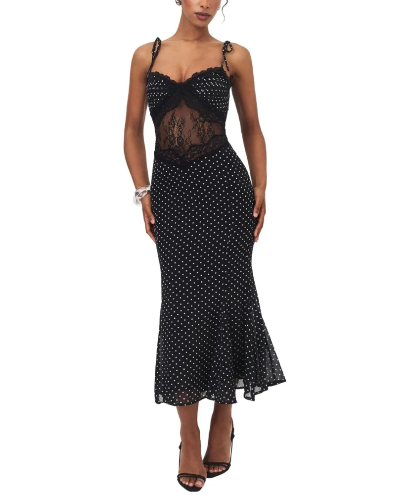 Zehra Polka Dot Chiffon Lace Cutout Mermaid Midi Dress