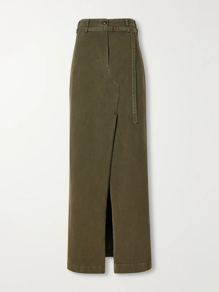 Belted cotton-twill midi skirt
