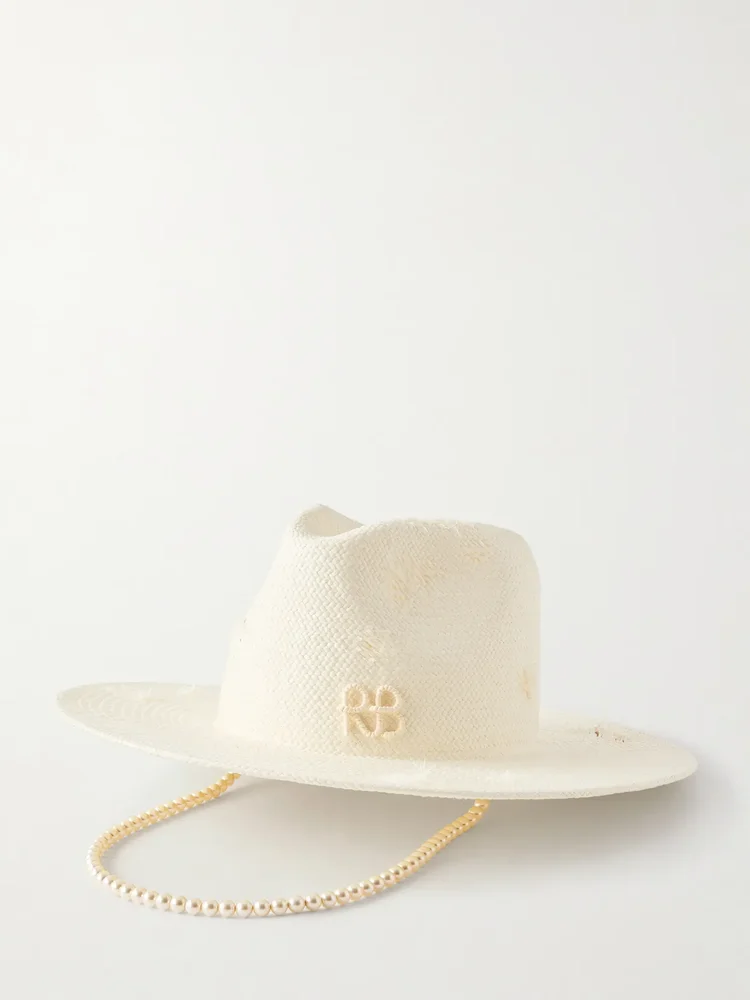 Embellished distressed straw fedora