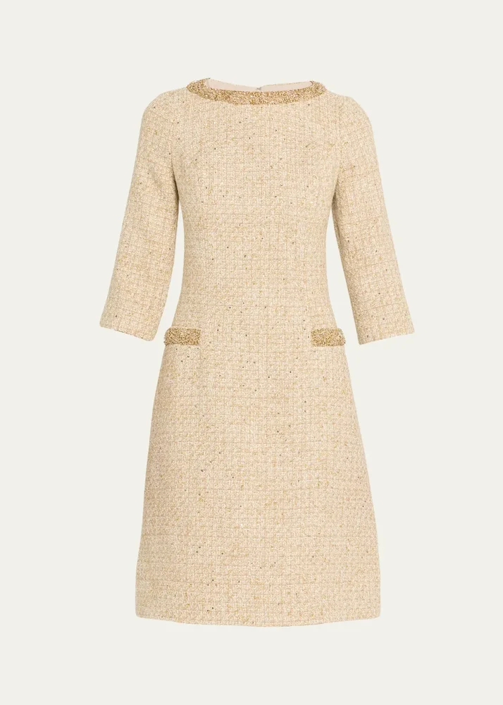Metallic Boucle Jewel-Trim A-Line Dress