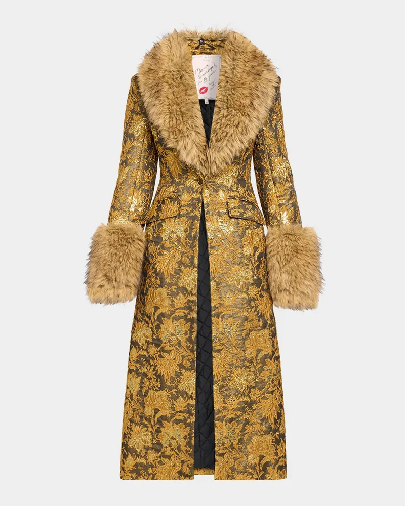 Ivella Floral Jacquard Fur-Trim Coat