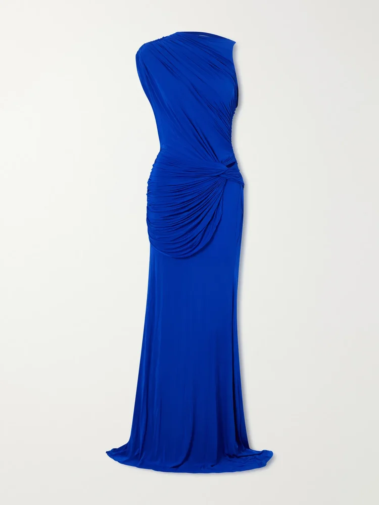 Asymmetric gathered stretch-jersey gown