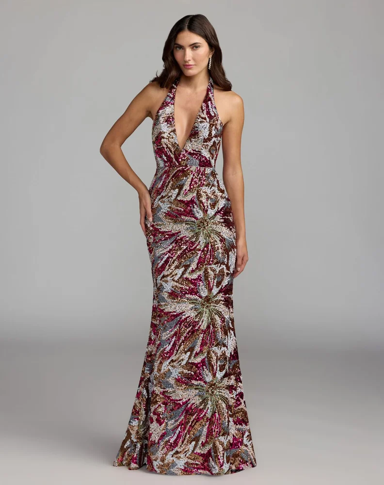 Berry Multi Floral Sequin Sleeveless Open Back Gown