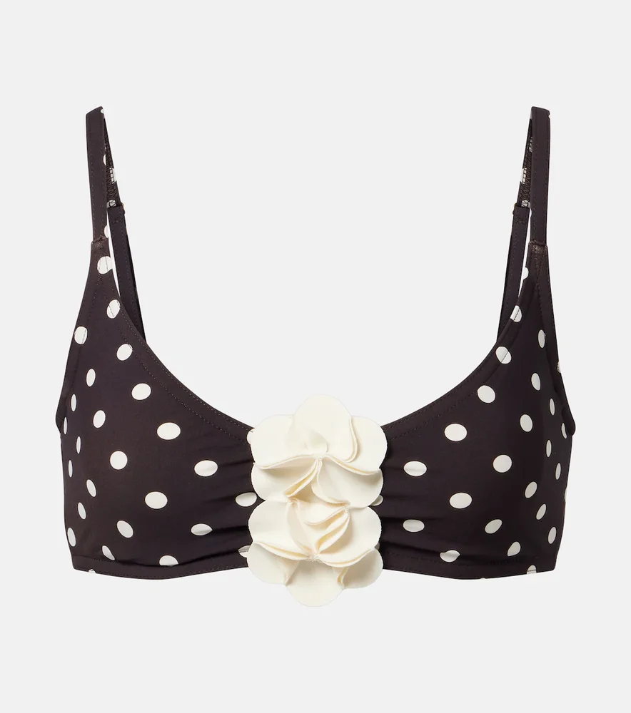 Floral-appliqué polka-dot bikini top