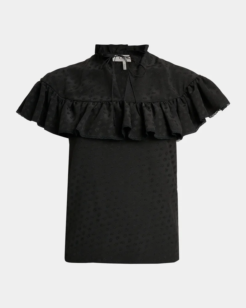 Tonal-Jacquard Ruffled Short-Sleeve Top