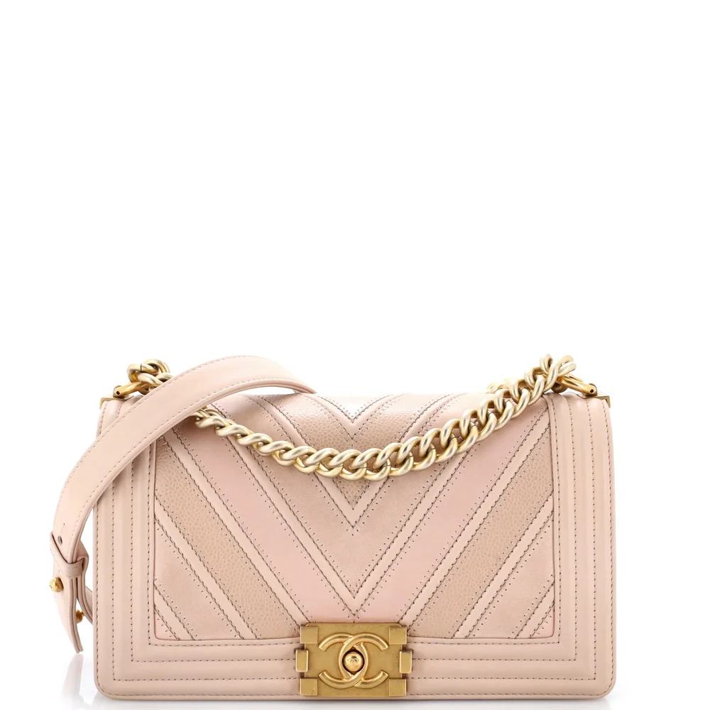 Pre-Owned Chanel Boy Flap Bag Chevron Caviar and Calfskin Old Medium
