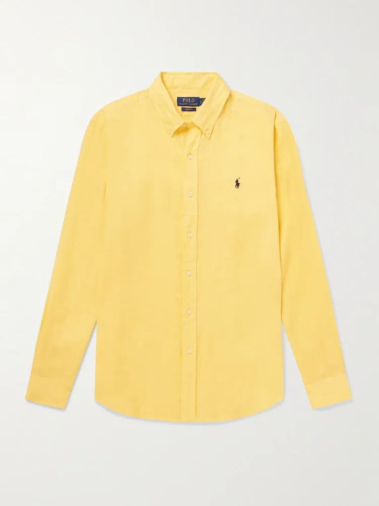 Button-Down Collar Logo-Embroidered Linen Shirt
