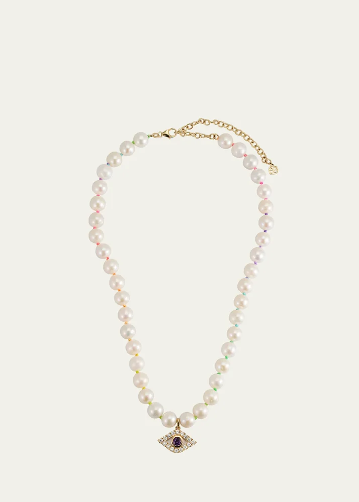 14K Gold Bezel Evil Eye Charm Freshwater Pearl Necklace
