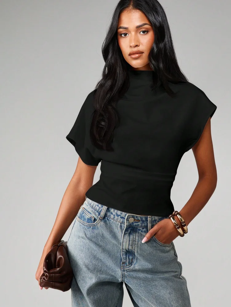 Mock Neck Fitted Top With Dolman Sleeves