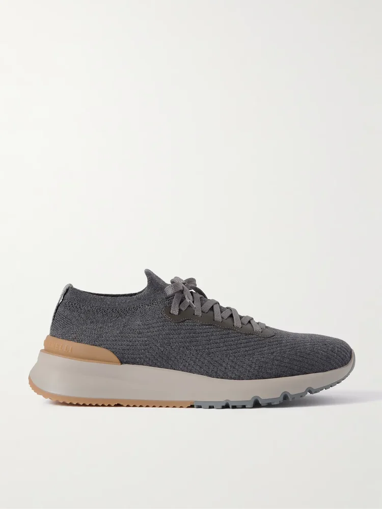 Leather-Trimmed Stretch-Knit Sneakers