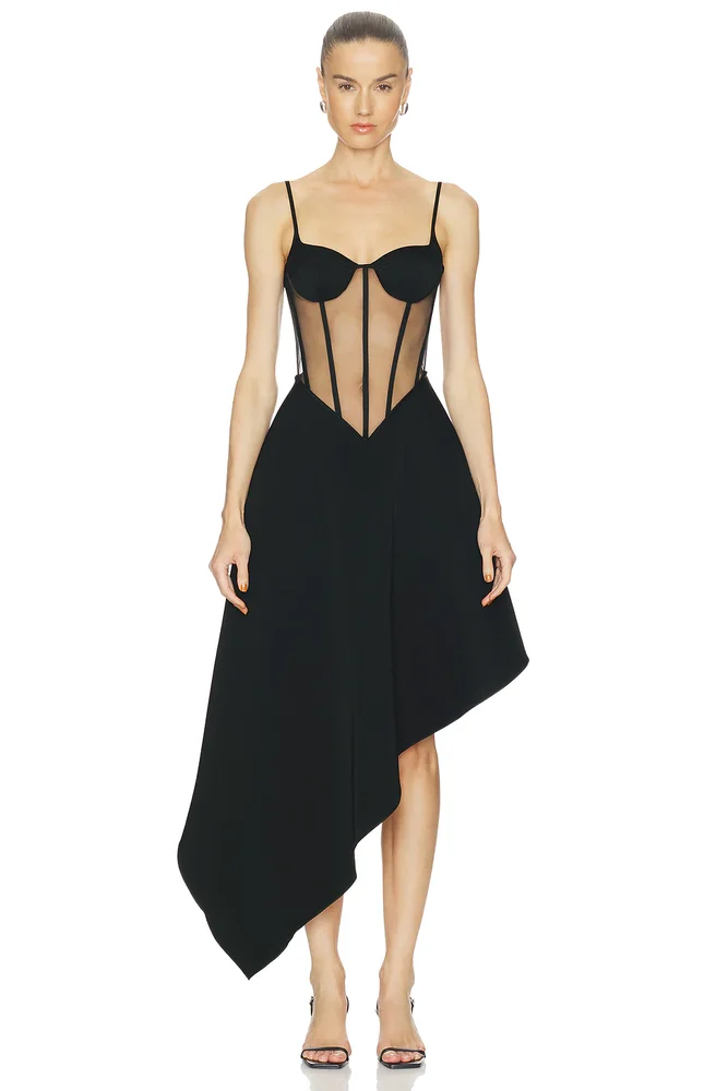 Bustier Top Detail Asymmetric Skirt Midi Dress