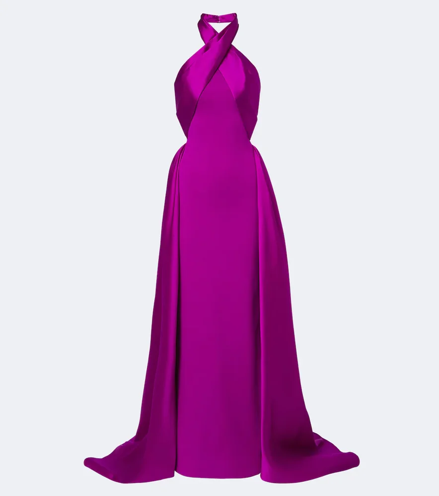 Rumi halterneck satin-trimmed crêpe gown