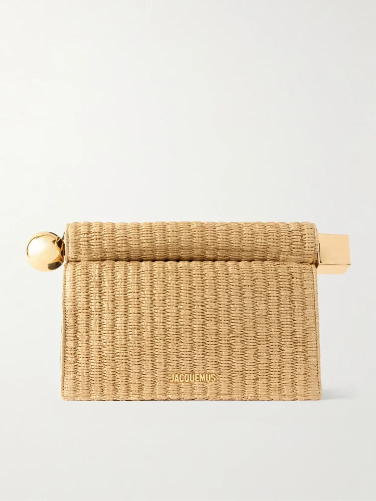 La Plage leather-trimmed raffia-effect clutch