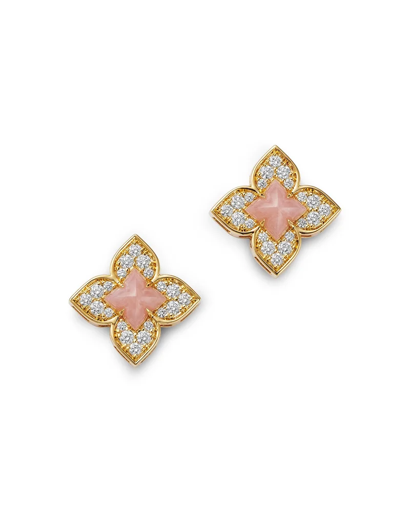 18K Yellow Gold Venetian Princess Carnival Pink Opal & Diamond Stud Earrings