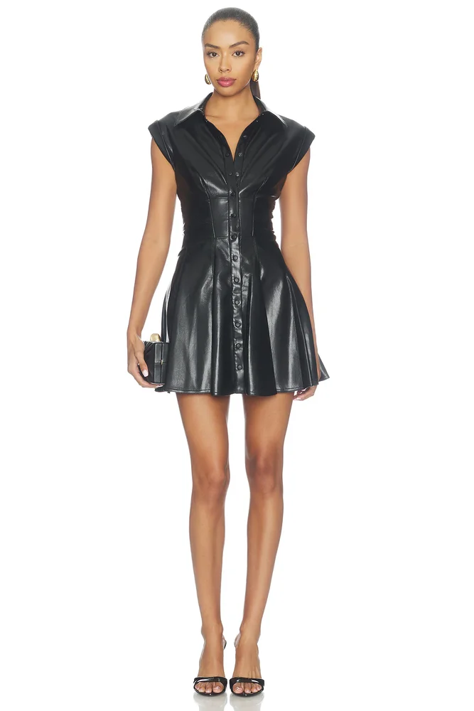 Kim Faux Leather Paneled Corset Flared Mini Shirt Dress